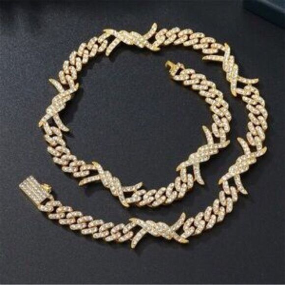 Gold Zircon Rock Thorns Cuban Chain Necklace - Picture 1 of 7